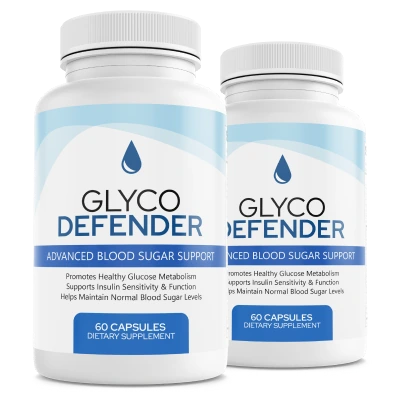 Two Glyco Defender supplement bottles with white and blue labels